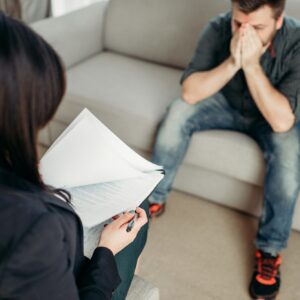Sad patient at psychologist, psychology support